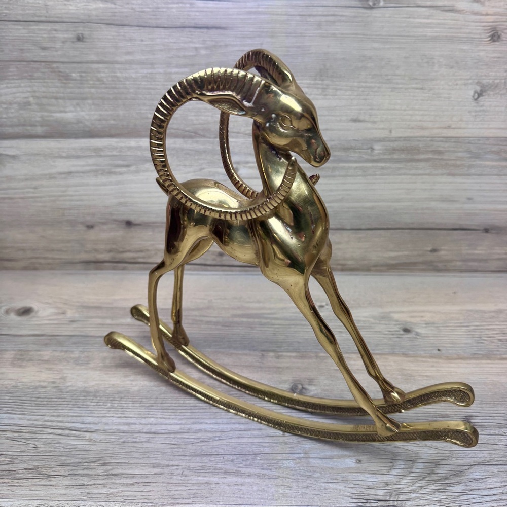 Vintage 70's Solid Brass Rocking Ram Hollywood Regency Figurine 11"× 10"